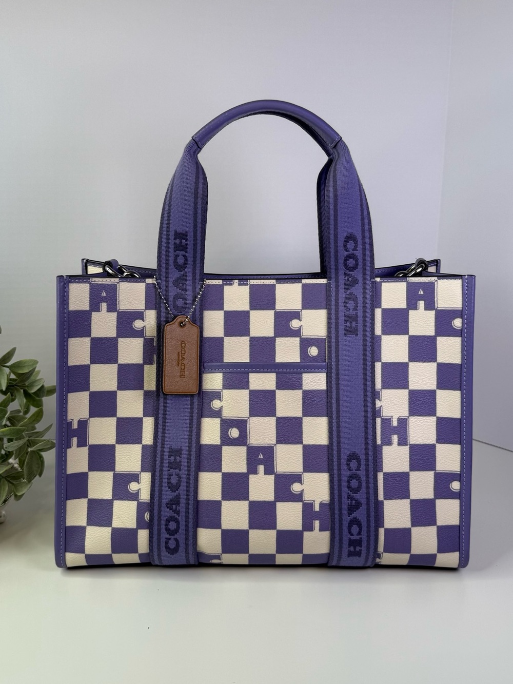 Coach Smith Tote Bag Checkerboard Print in Silver/Light Violet/Chalk